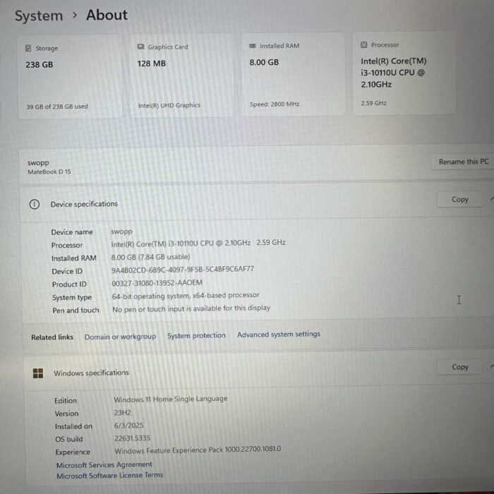 Huawei MateBook D15 | 256GB SSD | 8GB | Intel Core i3-10110U CPU 2.59 Ghz | Silver - Image 6