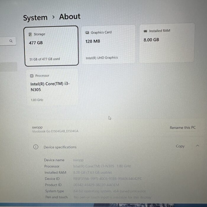Asus VivoBook Go 15 E1504GA | Inte Core i3 | 8GB Ram | 512GB SSD | Black - Image 7