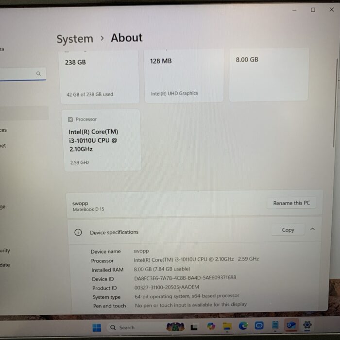 Huawei Matebook D15 | i3 @2.10Ghz | 8GB RAM | 256GB | Silver - Image 4